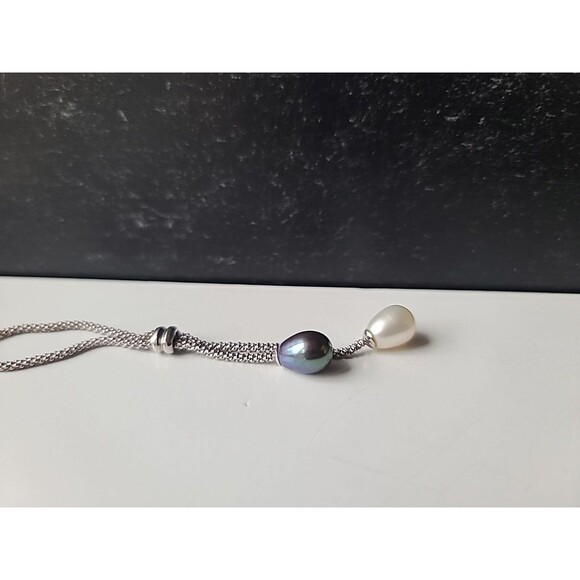 925 Sterling Silver Faux Lariat Pearl Pendant Necklace Vintage - Picture 5 of 10
